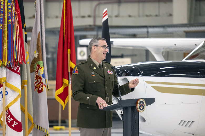 Brig. Gen. Shane Reeves, the 15th Dean of the Academic Board, speaks during the Aircraft Dedication Ceremony March 23 at the 2nd Aviation Detachment's Hangar.     (Photo by Christopher Hennen/USMA PAO)