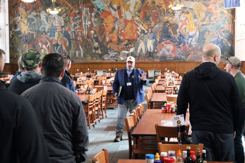 About 40 noncommissioned officers and officers from 2nd Battalion, 315th Brigade Engineer Battalion “Shogun” from Fort Dix, N.J., toured the U.S. Military Academy March 30 as part of a unique professional development staff ride opportunity and to build an esprit de corps among the unit members.    (Photo by Eric S. Bartelt/PV)