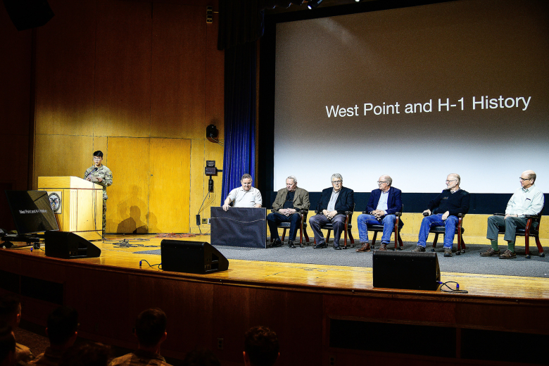 After nearly 50 years, the original Company H-1 guidon was returned to Company H-1 during a ceremony on March 25 at Robinson Auditorium in Thayer Hall. U.S. Naval Academy Midshipmen stole the H-1 guidon and other companies’ guidons during the 1974 Army-Navy Game. While other guidons were later returned, the H-1 guidon remained lost in possession of Midshipmen for 50 years. Former Company H-1 members regained possession of the original guidon by exchanging it for a Company H-1 challenge coin.