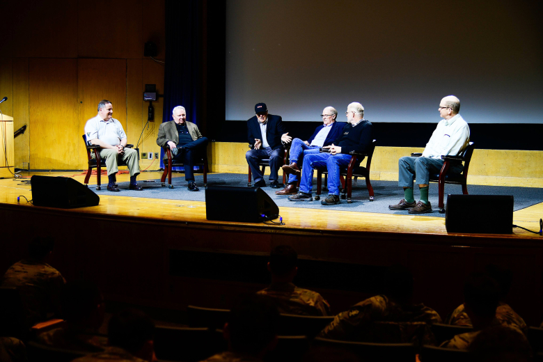 After nearly 50 years, the original Company H-1 guidon was returned to Company H-1 during a ceremony on March 25 at Robinson Auditorium in Thayer Hall. U.S. Naval Academy Midshipmen stole the H-1 guidon and other companies’ guidons during the 1974 Army-Navy Game. While other guidons were later returned, the H-1 guidon remained lost in possession of Midshipmen for 50 years. Former Company H-1 members regained possession of the original guidon by exchanging it for a Company H-1 challenge coin.