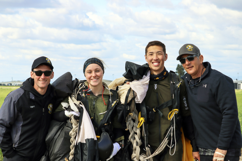 The West Point Parachute Team traveled to Porterville, Calif., from March 18-25 to begin Accelerated Freefall (AFF) training with the plebe class. The Air Force Parachute Team cordially provided their DHC-6 Twin Otters aircraft, pilots, tandem/AFF instructors, contracted hangar/airfield access, maintainers and riggers to fully support this event. Their impressive staff, with more than 40 members, conducted tandems with all 10 WPPT plebes, and helped them successfully conduct solo freefall skydives from