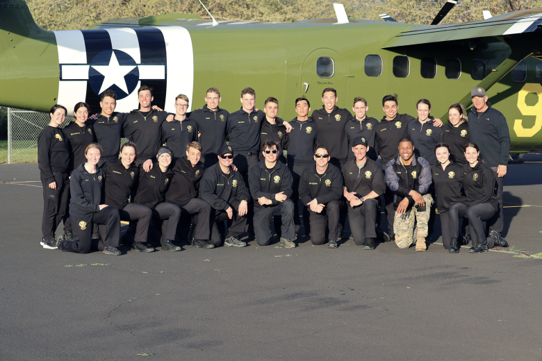 The West Point Parachute Team traveled to Porterville, Calif., from March 18-25 to begin Accelerated Freefall (AFF) training with the plebe class. The Air Force Parachute Team cordially provided their DHC-6 Twin Otters aircraft, pilots, tandem/AFF instructors, contracted hangar/airfield access, maintainers and riggers to fully support this event. Their impressive staff, with more than 40 members, conducted tandems with all 10 WPPT plebes, and helped them successfully conduct solo freefall skydives from