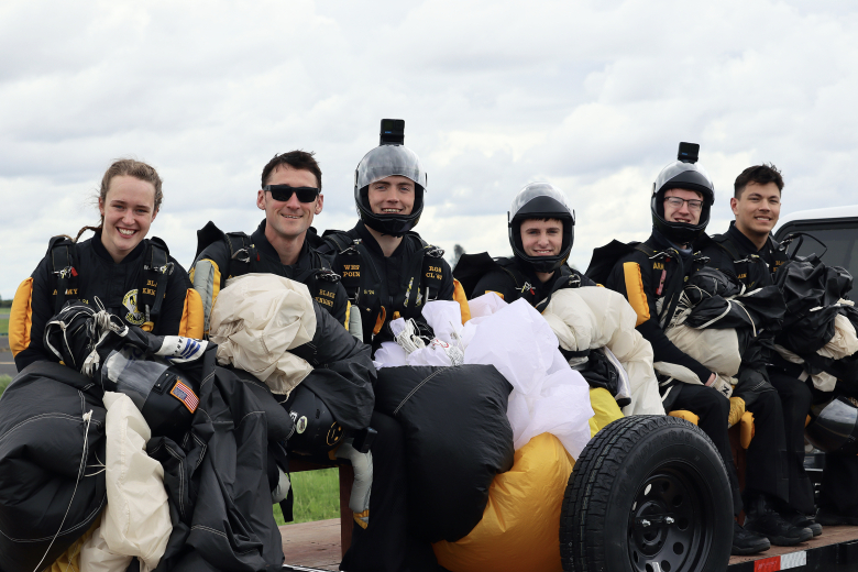 The West Point Parachute Team traveled to Porterville, Calif., from March 18-25 to begin Accelerated Freefall (AFF) training with the plebe class. The Air Force Parachute Team cordially provided their DHC-6 Twin Otters aircraft, pilots, tandem/AFF instructors, contracted hangar/airfield access, maintainers and riggers to fully support this event. Their impressive staff, with more than 40 members, conducted tandems with all 10 WPPT plebes, and helped them successfully conduct solo freefall skydives from