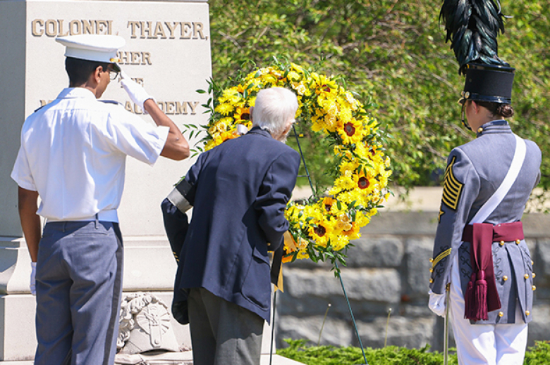 On behalf of the U.S. Military Academy’s alumni, First Captain Holland Pratt and Russell place a wreath and salute at the base of Col. Sylvanus Thayer’s statue in honor of Thayer and past USMA graduates during the annual Alumni Wreath Laying ceremony as part of Graduation Week activities. During the ceremony, the classes of 1942, 1947, 1952, 1962 and 1972 matched onto The Plain.      Photos by Class of 2023 Cadet Hannah Lamb