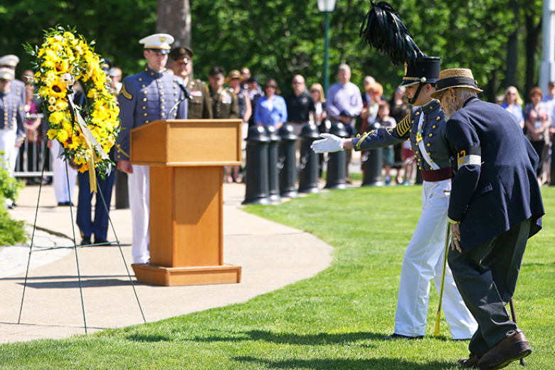 On behalf of the U.S. Military Academy’s alumni, First Captain Holland Pratt and Russell place a wreath and salute at the base of Col. Sylvanus Thayer’s statue in honor of Thayer and past USMA graduates during the annual Alumni Wreath Laying ceremony as part of Graduation Week activities. During the ceremony, the classes of 1942, 1947, 1952, 1962 and 1972 matched onto The Plain.      Photos by Class of 2023 Cadet Hannah Lamb
