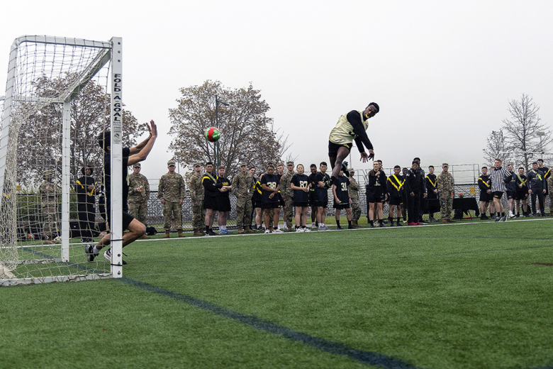 Cadet companies within the Corps of Cadets fought for bragging rights during the Spring Company Athletics Brigade Championships May 2 at Daly Field. The companies competed in five sports: Flickerball, Functional Fitness, Combat Grappling, Team Handball and Ultimate Frisbee. After the competition was over, the champions (bottom photos) were Company D-4 (Flickerball), Comapny I-4 (Ultimate Frisbee), Company H-2 (Combat Grappling), Company I-2 (Functional Fitness) and Company C-2 (Team Handball).	 