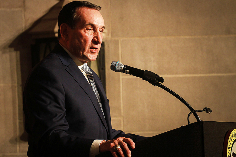 Mike Krzyzewski, a U.S. Military Academy 1969 graduate, speaks to the Corps of Cadets and USMA staff and faculty during the 16th annual Coach Mike Krzyzewski Teaching Character Through Sport Awards Ceremony May 5 at the Cadet Mess Hall.