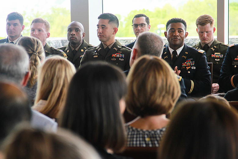 The Eisenhower Leader Development Program starts with a competitive selection process at West Point. Every year, scores of senior captains apply to the program from across the Army, and only the officers with the strongest records of proven leadership and highest intellectual potential are selected. This year, 21 officers and one NCO graduated Friday in the Haig Room, to include two guest officers who participated in the ELDP: 1st Lt. Christos Tamouridis from the Greek Army and Maj. Kimberly Guest from the 