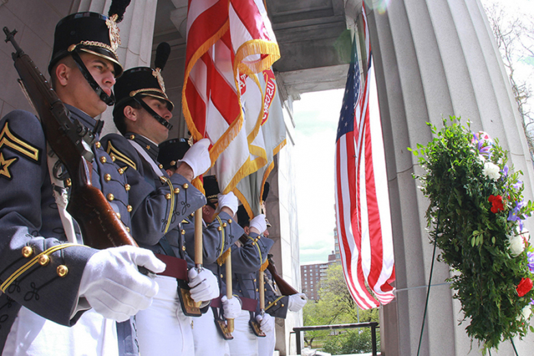 Cadets from the Regimental Staff and Color Guard stand at attention before the wreath was laid during the Grant Wreath Laying Ceremony. 