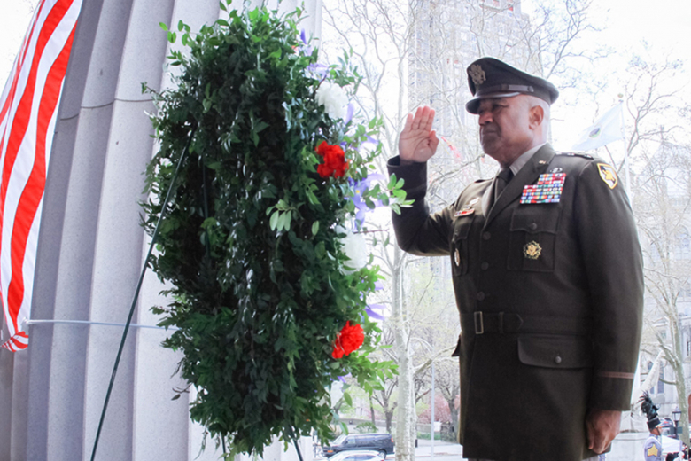 The 60th Superintendent of the U.S. Military Academy, Lt. Gen. Darryl A. Williams, salutes the wreath after placing it upon the entrance of Ulysses S. Grantʼs tomb during the Grant Wreath Laying Ceremony.   