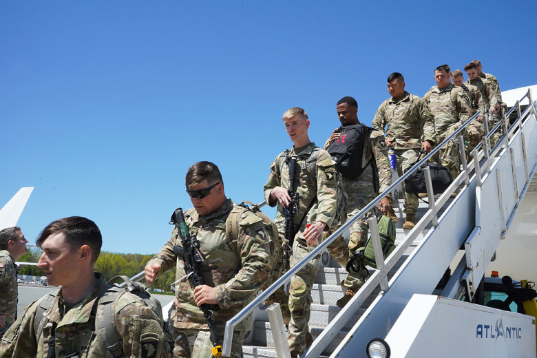 (Above and below photos) Soldiers assigned to Task Force Leader, from the 3rd Brigade Combat Team, 101st Airborne Division (Air Assault), arrive at New York Stewart International Airport May 10 to support the U.S. Military Academy with USMA’s Cadet Summer Training. During the CST, TF Leader will have the opportunity to prepare future generations of Army leaders, by providing training, mentorship, guidance, share knowledge and experiences and, most importantly, teach leadership and followership while instill