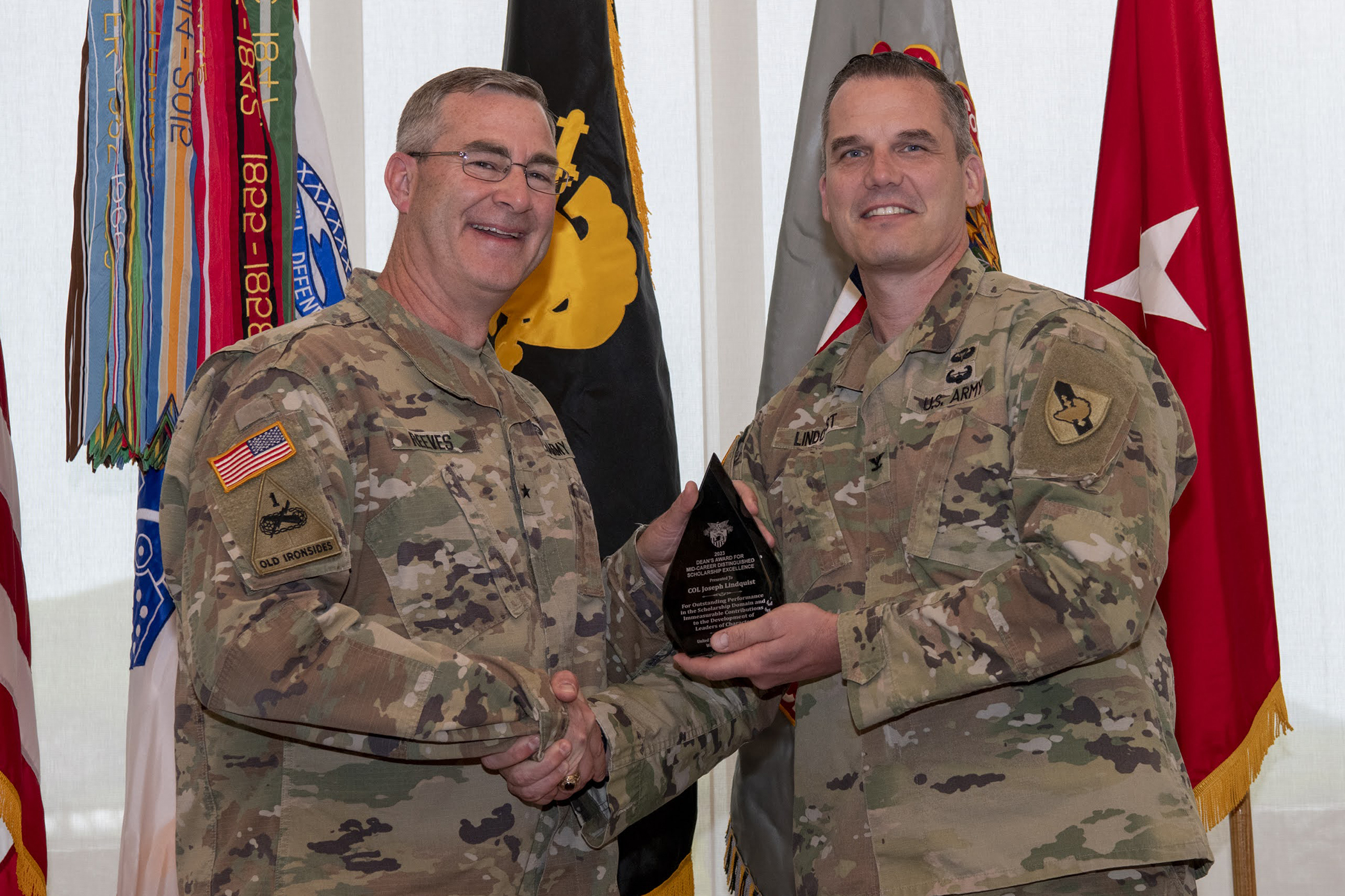 The Dean of the Academic Board, Brig. Gen. Shane Reeves, recognized instructors and professors for their excellence in several different categories, two-year master teaching program graduates and the 2023 Apgar Award recipients during a Dean’s Awards ceremony May 15 at the Haig Room.   (Photo by Kyle Osterhoudt/USMA PAO)