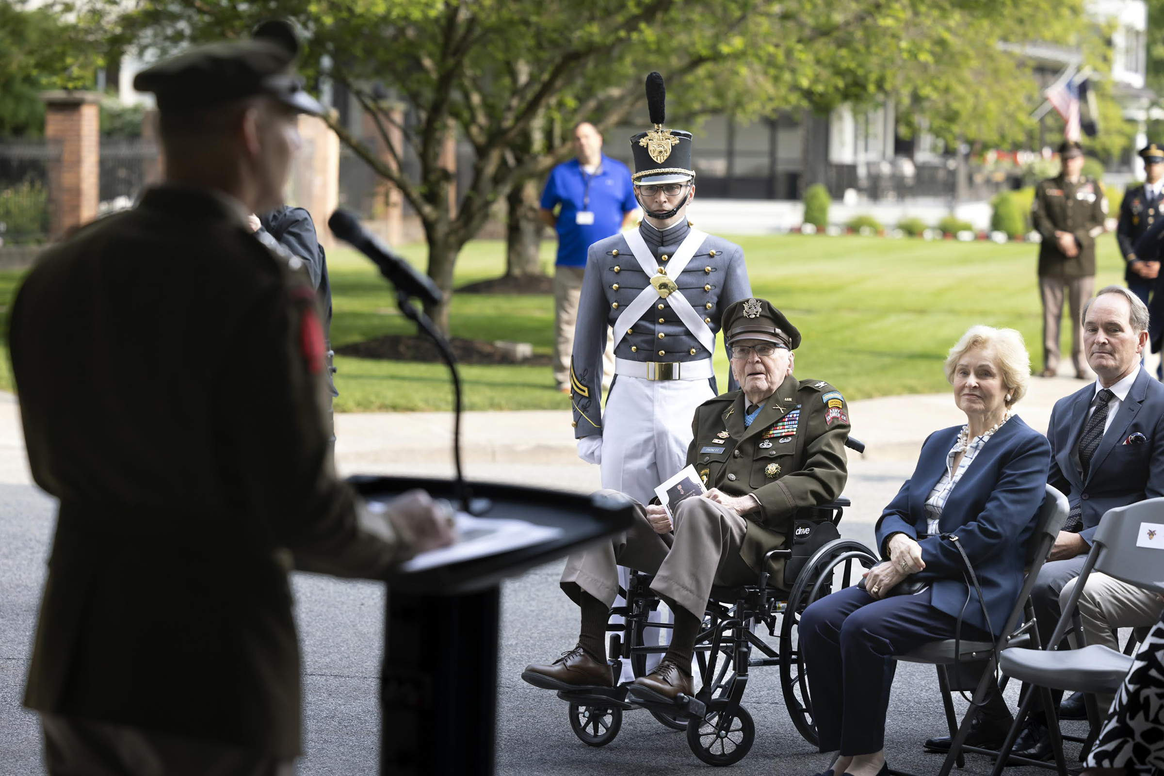 The U.S. Military Academy honored one of its remarkable graduates, retired Col. Ralph Puckett Jr., with a Medal of Honor Plaque Unveiling Ceremony in the Inchon Sallyport May 23 at West Point. The event was hosted by USMA Superintendent Lt. Gen. Steven W. Gilland.    (Photo by Christopher Hennen/USMA PAO)