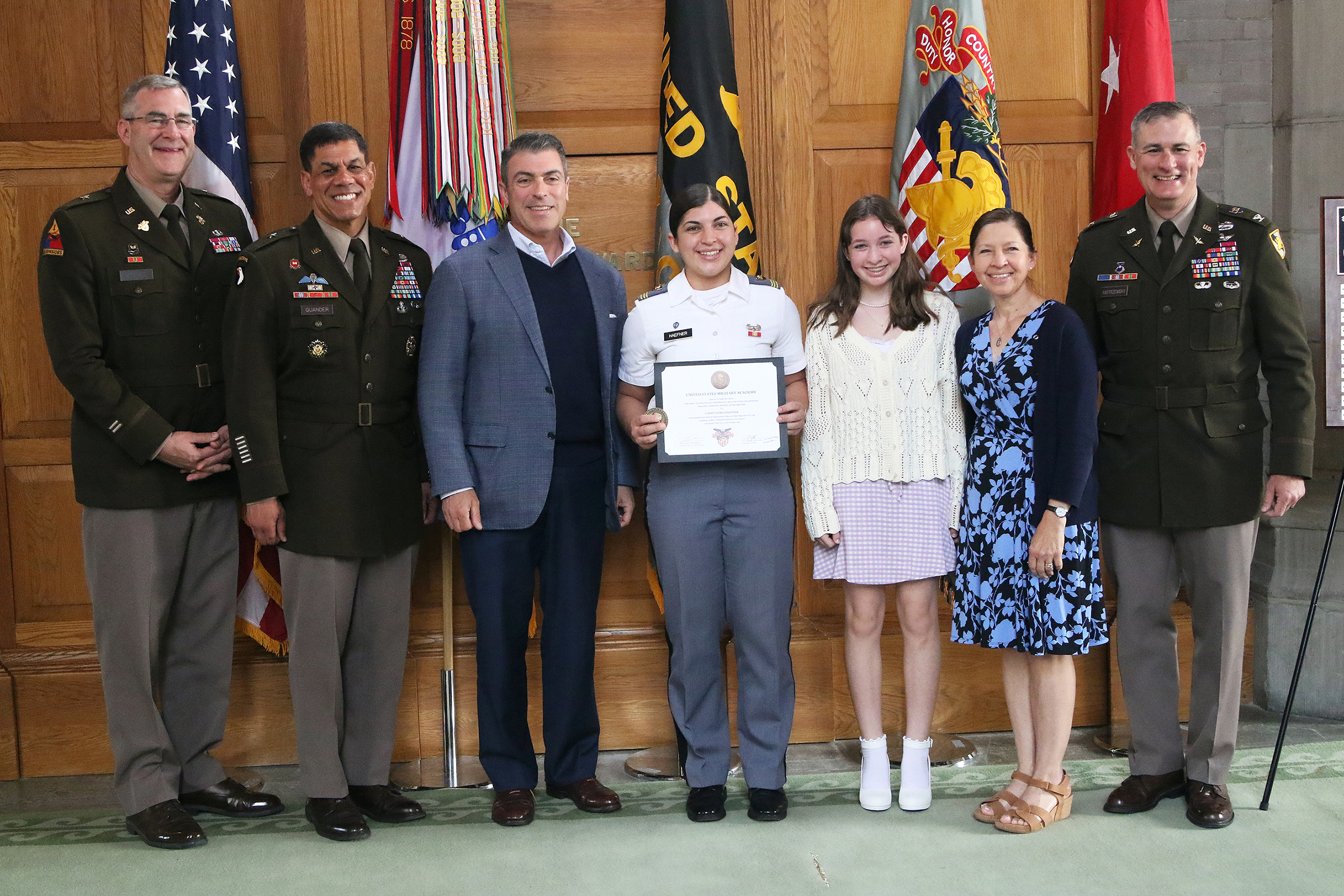 The Simon Center for the Professional Military Ethic (SCPME) hosted the 17th annual Gen. John J. Pershing Writing Award Ceremony May 24 at the Thayer Award Room. The award recognition ceremony acknowledged the top Firstie cadet awardees: Mercedez Fernandez (first place/gold medal), Jacob Lapin (second place/silver medal), Cora Haefner (third place/bronze medal) and honorable mention recipients Kelsie Edie and Anthony Marco III. Honorable mention awardee Shinkwang Moon was not present at the ceremony.