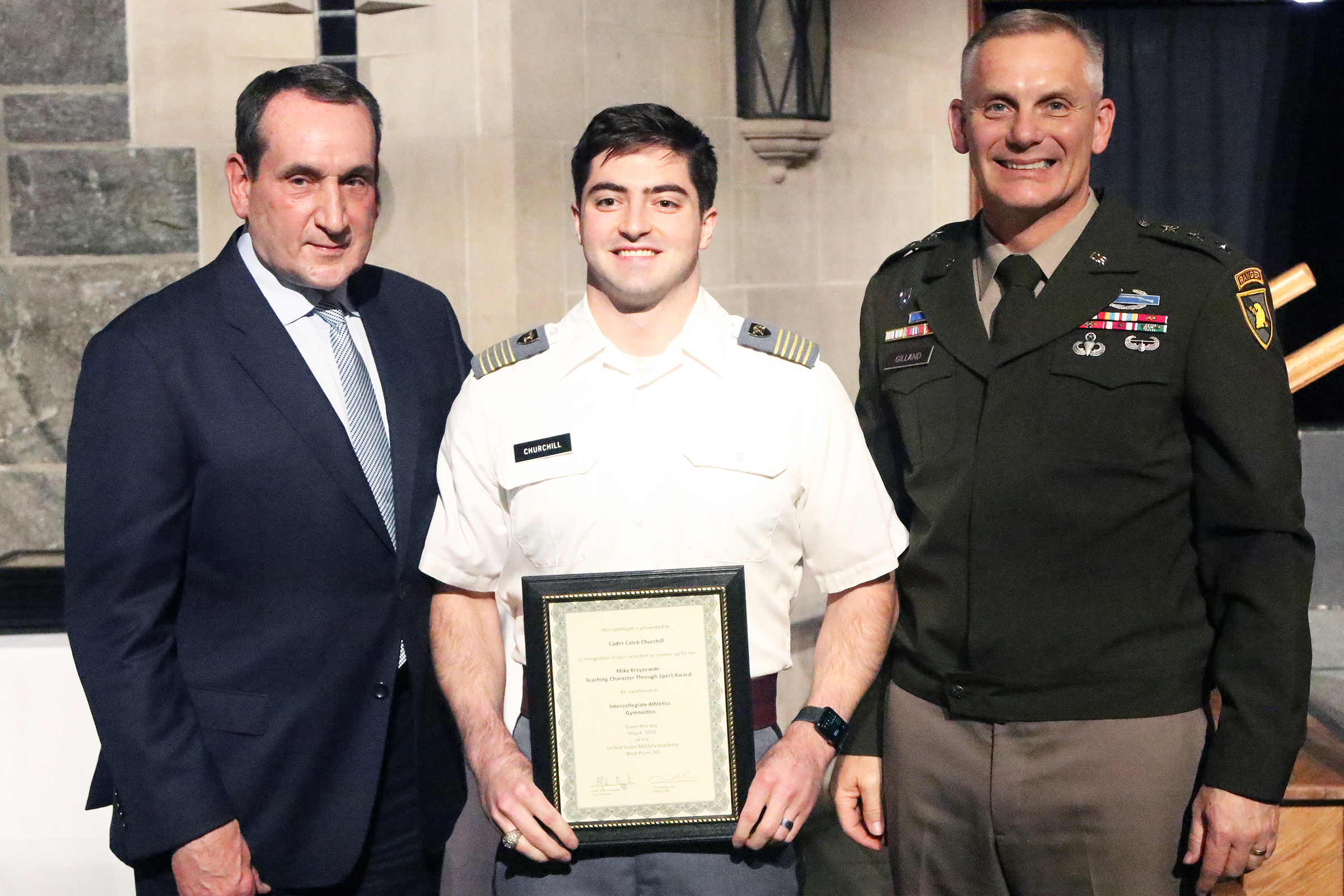 The Department of Physical Education hosted the 17th annual Mike Krzyzewski Teaching Character Through Sport Award May 4 at the Cadet Mess Hall. The award recognizes West Point cadet-athletes, coaches, officers in charge (OIC) and sport educators for their outstanding commitment to the development of noble character through athletic participation and leadership. During the ceremony, six winners and six runners-up from three categories of athletics – Company Athletics (CA), Competitive Club Athletics (CCA)