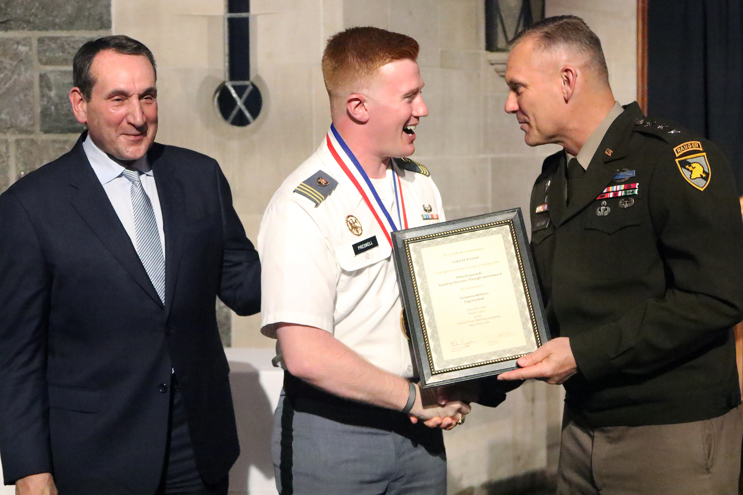 The Department of Physical Education hosted the 17th annual Mike Krzyzewski Teaching Character Through Sport Award May 4 at the Cadet Mess Hall. The award recognizes West Point cadet-athletes, coaches, officers in charge (OIC) and sport educators for their outstanding commitment to the development of noble character through athletic participation and leadership. During the ceremony, six winners and six runners-up from three categories of athletics – Company Athletics (CA), Competitive Club Athletics (CCA)