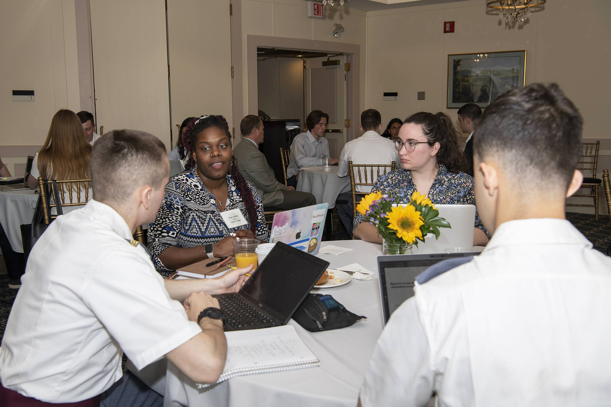 The USMA Department of Social Sciences and its Grand Strategy program hosted the inaugural Frontiers of Grand Strategy (FOGS) Workshop. The Careers in Strategy conversation featured retired Army Col. Abigail Linnington, professor of Practice at The Fletcher School at Tufts University, and Dr. Malia Du Mont, vice president of Strategy at Bard College, April 14 at West Point Club. (Photo by Kyle Osterhoudt/USMA PAO)
