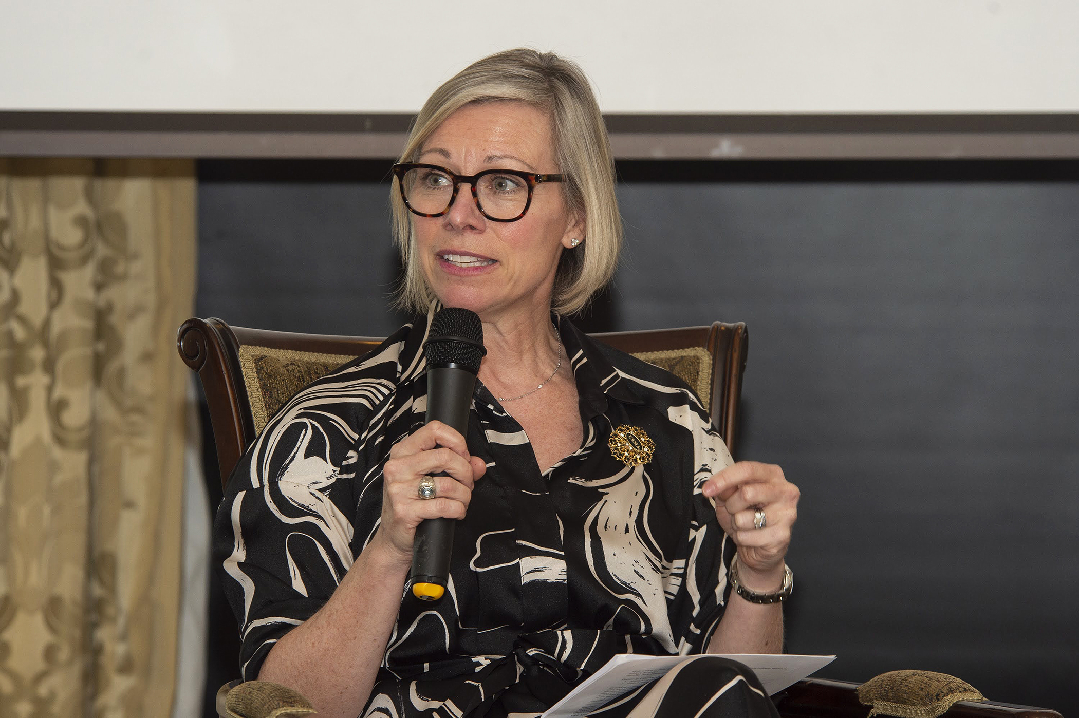 The USMA Department of Social Sciences and its Grand Strategy program hosted the inaugural Frontiers of Grand Strategy (FOGS) Workshop. The Careers in Strategy conversation featured retired Army Col. Abigail Linnington, professor of Practice at The Fletcher School at Tufts University, and Dr. Malia Du Mont, vice president of Strategy at Bard College, April 14 at West Point Club. (Photo by Kyle Osterhoudt/USMA PAO)