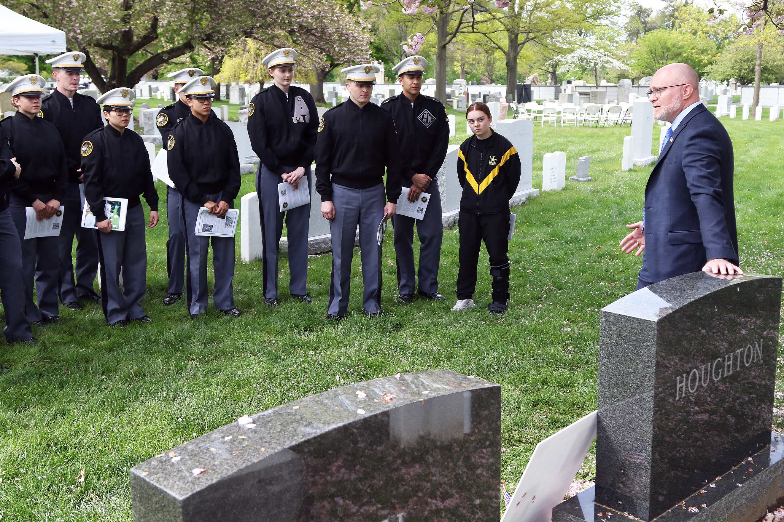 The Simon Center for the Professional Military Ethic hosted the “Inspiration to Serve” Cemetery Tour for the Class of 2025 Cadets on May 4 at the West Point Cemetery. The purpose of the annual tour is three-fold: to remember and honor fallen USMA graduates, to inspire cadets and strengthen their identities as members of the Long Gray Line, and to catalyze cadets’ reflection on their willingness to freely affirm their commitment to serve in the profession of arms, which the second-class cadets accomplish eac