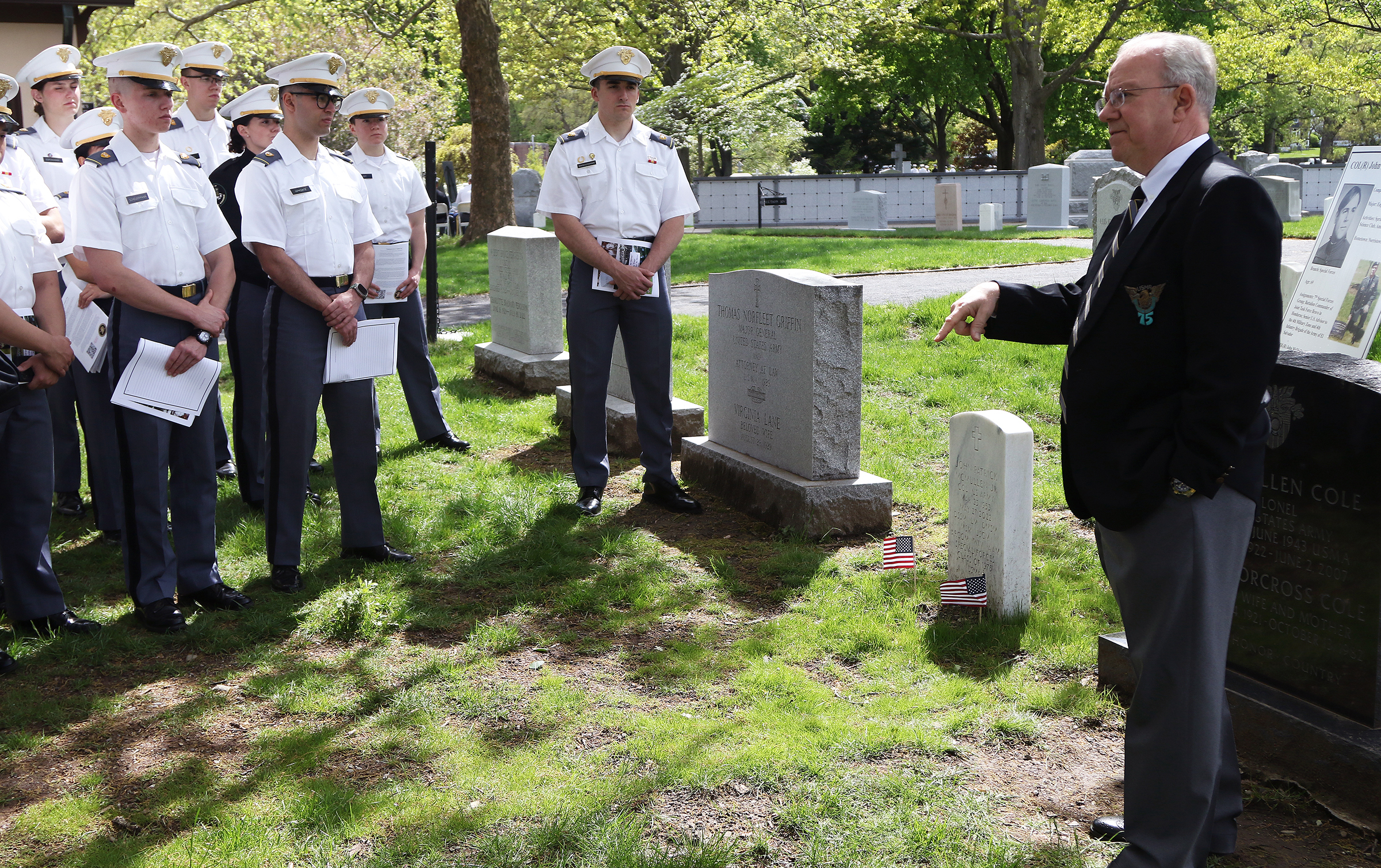 The Simon Center for the Professional Military Ethic hosted the “Inspiration to Serve” Cemetery Tour for the Class of 2025 Cadets on May 4 at the West Point Cemetery. The purpose of the annual tour is three-fold: to remember and honor fallen USMA graduates, to inspire cadets and strengthen their identities as members of the Long Gray Line, and to catalyze cadets’ reflection on their willingness to freely affirm their commitment to serve in the profession of arms, which the second-class cadets accomplish