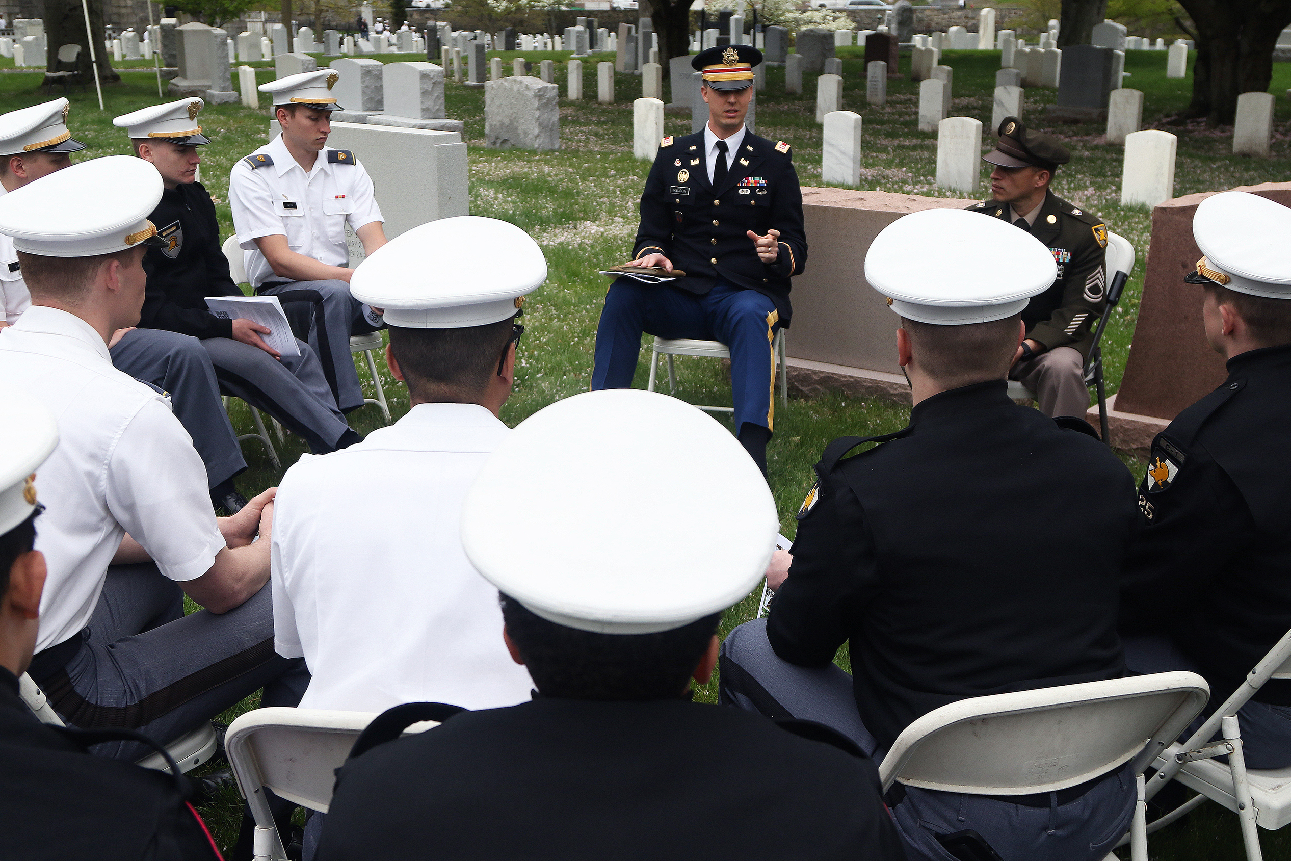 The Simon Center for the Professional Military Ethic hosted the “Inspiration to Serve” Cemetery Tour for the Class of 2025 Cadets on May 4 at the West Point Cemetery. The purpose of the annual tour is three-fold: to remember and honor fallen USMA graduates, to inspire cadets and strengthen their identities as members of the Long Gray Line, and to catalyze cadets’ reflection on their willingness to freely affirm their commitment to serve in the profession of arms, which the second-class cadets accomplish eac