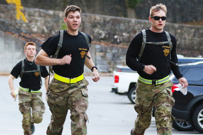 The Department of Physical Education had its Company Athleticsʼ Fall Brigade Finals Nov. 8-9 at various locations in Central Area. The sports competed for in the fall championships were soccer, flag football, basketball, submission grappling and orienteering. In soccer, Company I-1 defeated Co. A-4, 2-1, to take the championship. (Above) In orienteering, Co. F-2  earned the victory. (Above right) Co. D-3 took a hotly-contested basketball game for the win over Co. C-2, 43-41. (Bottom right) Co. G-4 destroyed