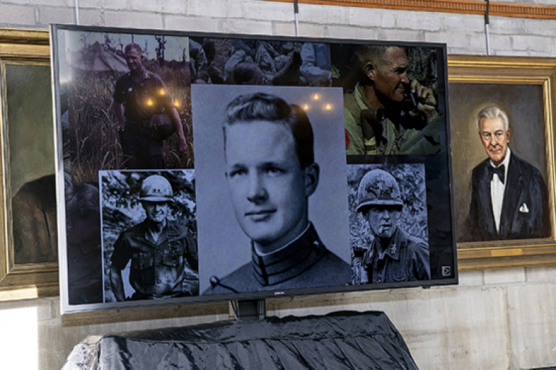 A display of pictures of Lt. Gen. Harold “Halˮ G. Moore as a cadet and during his career was offered for viewing during the ceremony.    (Photo by Kyle Osterhoudt/USMA PAO)
