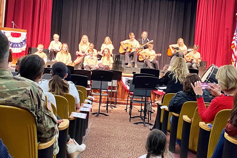 The West Point Middle School Fine Arts Department presented a Veterans Day program titled “Sounds and Stories of Our Nationˮ on Nov. 8 at the WPMS. Students from sixth grade ELA, seventh and eighth grade drama, chorus, guitar, intermediate band and advanced band presented a cross section of the history of our country through patriotic songs, skits portraying Army veterans and poetry. Community partners such as Scouts BSA Troop 23, the West Point Schools PTO and the West Point Chapter of Daughters of the U.S