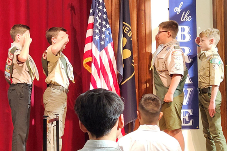 The West Point Middle School Fine Arts Department presented a Veterans Day program titled “Sounds and Stories of Our Nationˮ on Nov. 8 at the WPMS. Students from sixth grade ELA, seventh and eighth grade drama, chorus, guitar, intermediate band and advanced band presented a cross section of the history of our country through patriotic songs, skits portraying Army veterans and poetry. Community partners such as Scouts BSA Troop 23, the West Point Schools PTO and the West Point Chapter of Daughters of the U.S