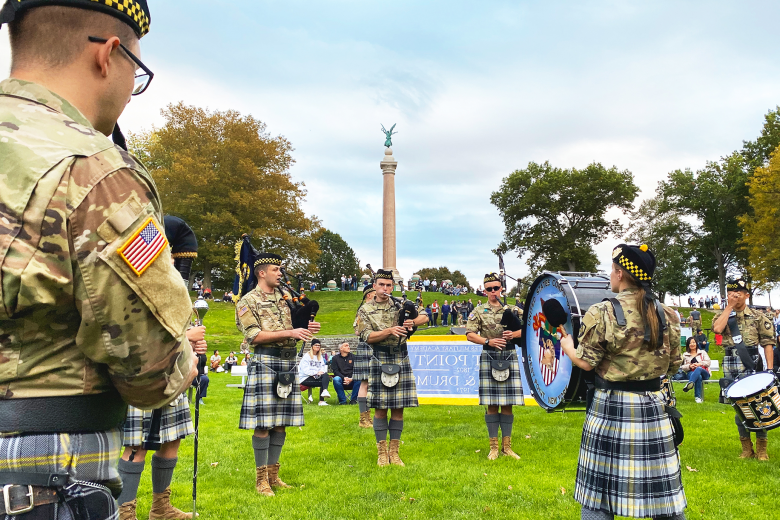 Members of the U.S. Corps of Cadets Pipes and Drums play and entertain for the families and cadets who gathered at Trophy Point Friday during Family Corps Weekend.
