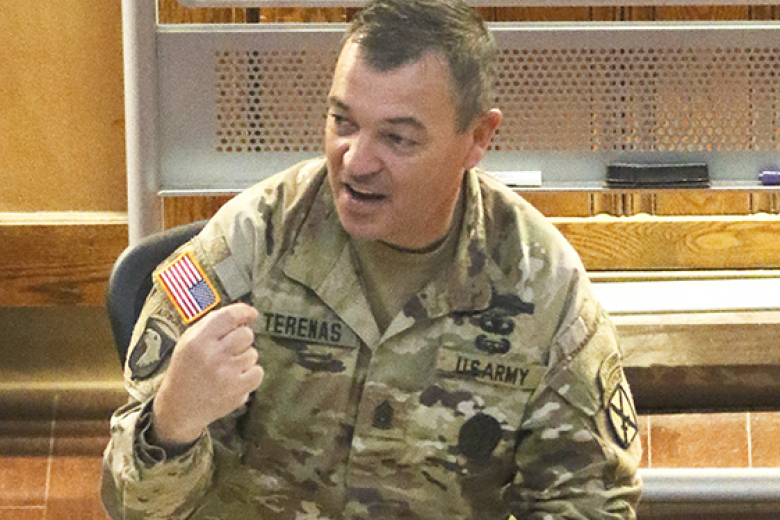 As part of the Commandant’s Speaker Series, the Modern War Institute hosted a panel discussion on “Building Cohesive Teams through Mutual Trust” on Oct. 21 at Washington Hall Room 5300. (Above) The panel was moderated by U.S. Corps of Cadets Command Sgt. Maj. Kenneth Killingsworth and the panel members included Command Sgts. Maj. Mario Terenas, Jake Love, Quentin Fenderson and Jill Crosby. (Right) Terenas answered questions on how he implements and upholds standards that help build and sustain any unit. 