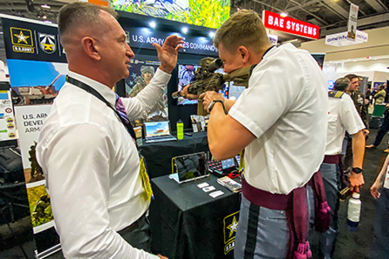 Cadets actively engage in solving real-world problems and Army issues at the largest land power exposition and professional development forum in North America at this year’s AUSA Annual Meeting and Conference in Washington D.C., Monday and Tuesday. Cadets presented their projects throughout the two days to include the Hypersonic Rocket — Cadet Josiah Gibson; High Energy Laser: Cadets Ashley Clegg and McKenzie Arns; Electrifying the Modern Battlefield: Cadet Gregory Langone; Astro Robotics: