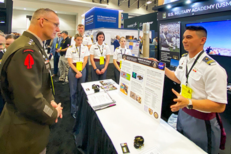 Cadets actively engage in solving real-world problems and Army issues at the largest land power exposition and professional development forum in North America at this year’s AUSA Annual Meeting and Conference in Washington D.C., Monday and Tuesday. Cadets presented their projects throughout the two days to include the Hypersonic Rocket — Cadet Josiah Gibson; High Energy Laser: Cadets Ashley Clegg and McKenzie Arns; Electrifying the Modern Battlefield: Cadet Gregory Langone; Astro Robotics: