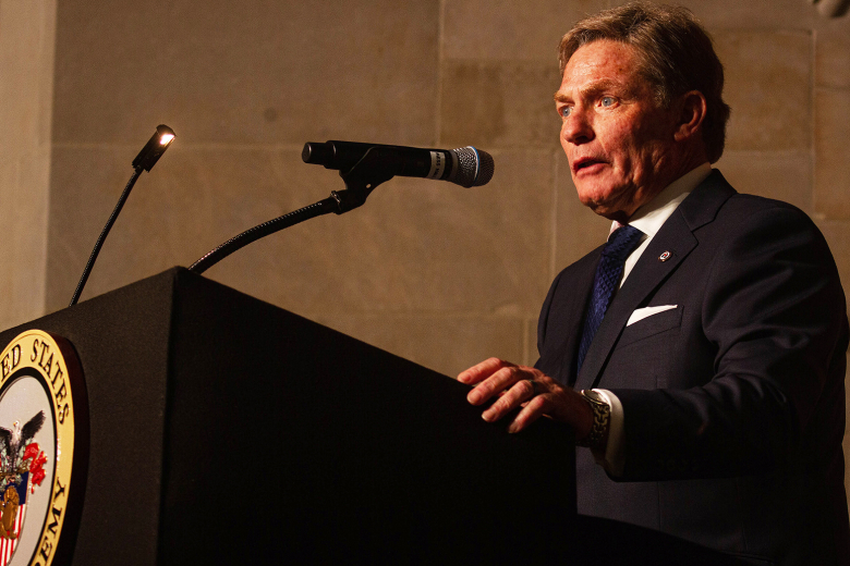 This yearʼs Thayer Award awardee, Kenneth Fisher, gives an impassioned speech at Washington Hall during the annual Sylvanus Thayer Award Banquet on Oct. 6 at the U.S. Military Academy.