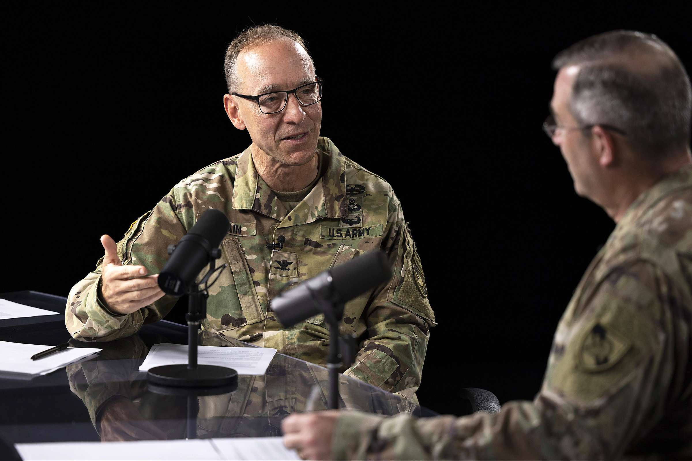 Col. Everett Spain, head of the Department of Behavioral Sciences and Leadership, and Brig. Gen. Shane Reeves, U.S. Military Academy Dean of the Academic Board, discuss retraining good talent in the most recent episode of the "Inside West Point: Ideas that Impact" podcast. (Photo by Chris Hennen/USMA PAO)
