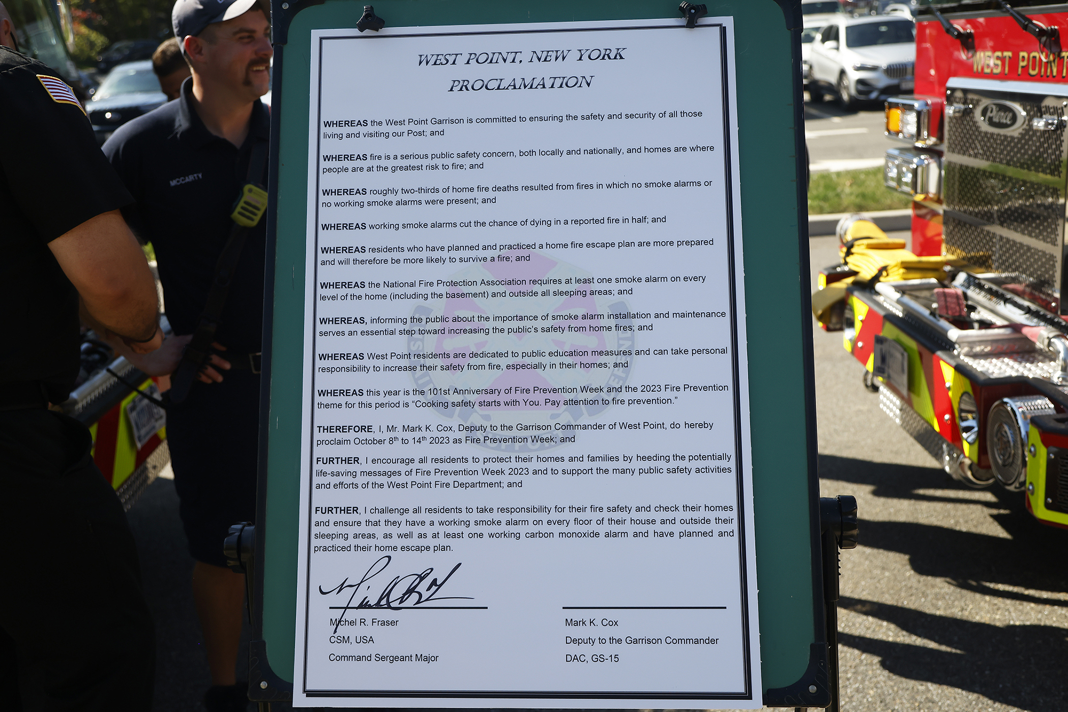 With a commitment to ensuring the safety and security of those living, working and visiting West Point, U.S. Army Garrison West Point and the West Point Fire Department (WPFD) teamed up for a Fire Prevention Week Proclamation signing Oct. 4 at the West Point Middle School (WPMS).    (Photo by Eric S. Bartelt/PV)