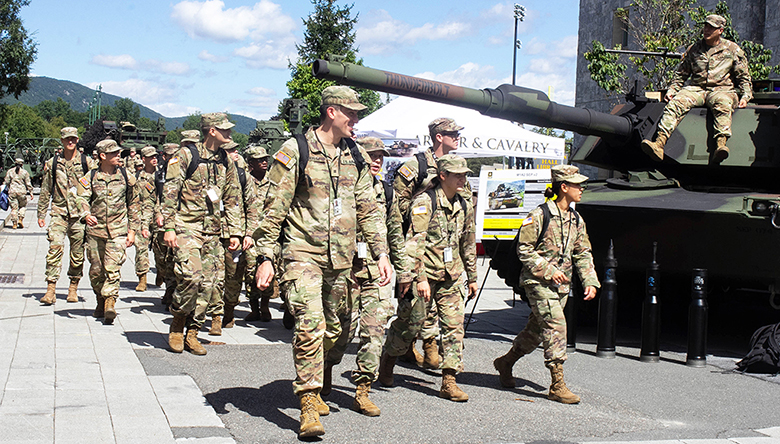 Air Defense Artillery (above) and Armor (left) catch the attention of cadets as they observe the displays during Branch Week Tuesday. Branch Week, Tuesday through Saturday, is an annual event designed to give cadets a chance to learn more about the 17 U.S. Army branches available to officers, with the new addition of public affairs as a functional area to learn about during the week. Cadets from each class year spoke with representatives to help them decide which branch best fits them for a professional 