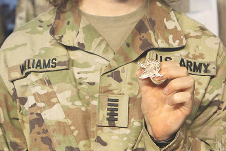 Commandant, Brig. Gen. Mark Quander, disseminated 16 Centurion Pins to the cadet sports competitive club captains during a ceremony Monday at the Cadet Mess Hall. (Right) Class of 2022 Cadet and student-athlete coordinator Paris Williams poses with her new accoutrement.  This recognition was created by former Commandant of the U.S. Corps of Cadets, retired Maj. Gen. William Rapp, in 2009 to honor those cadet leaders for their accomplishments and dedication to the competitive sports clubs, and to expand