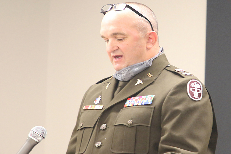 Also in attendance were WPES students (behind the ribbon cutters) and the guest speaker was Dr. Matthew Posner (below), orthopedic surgeon at Keller Army Community Hospital and former WPES student in the late 1970s and early '80s. 