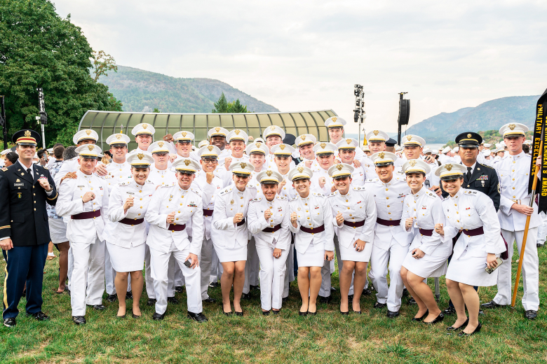 Members of Company I-2 from the U.S. Military Academy Class of 2023 enjoy the moment after receiving their rings at the Ring Weekend ceremony Friday at the Trophy Point Amphitheater. 