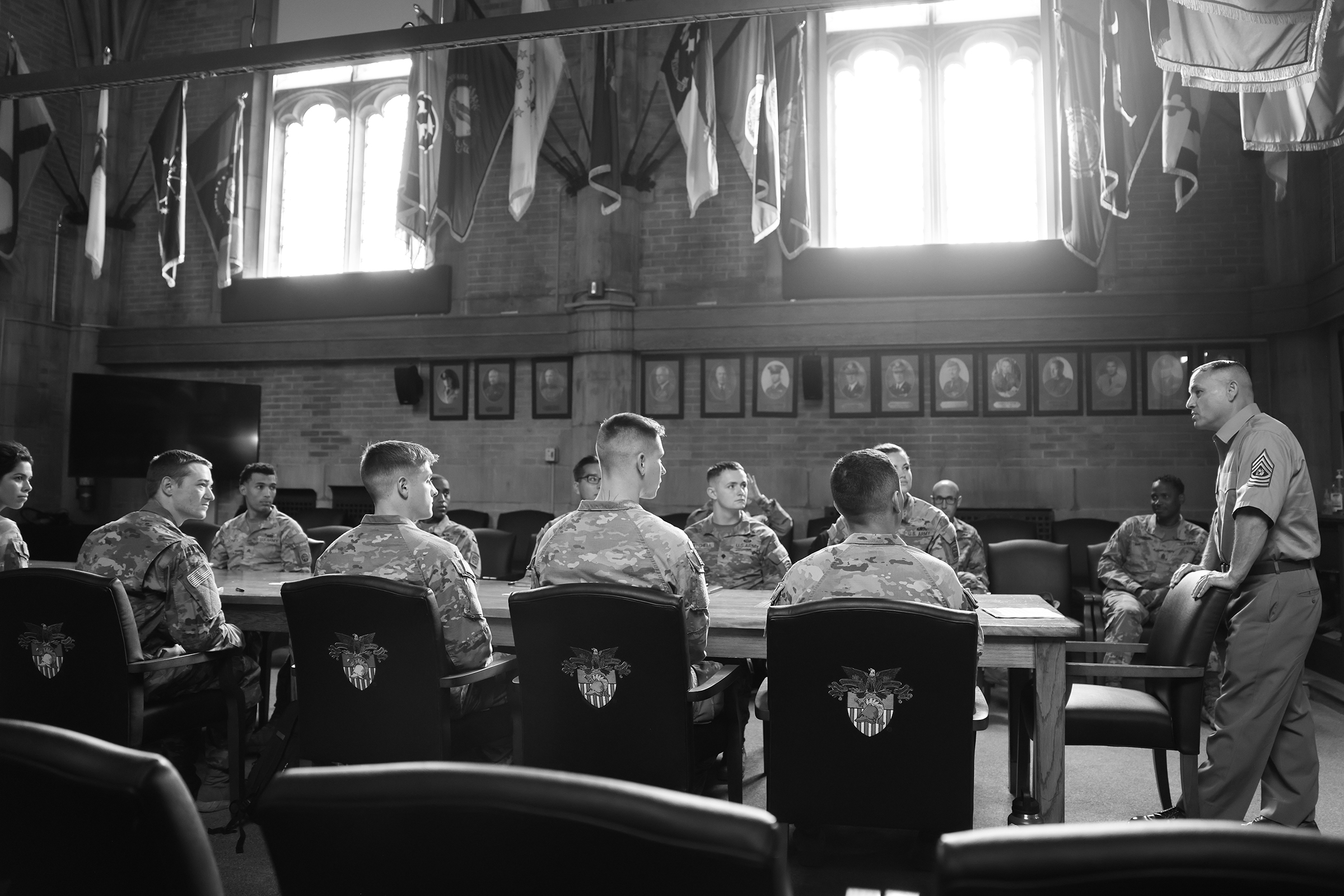 Command Sgt. Maj. Phil Barretto, the U.S. Military Academy (USMA) command sergeant major, spoke with Sgt. Onias Jones, Spc. Robynn Oblepias, Spc. Frederick Swingle, Spc. Kevin Mitchell, Pfc. Jessica Marsh, Pfc. Cameron Bell, Pfc. Oziel Carrillo, Pfc. Adan Cuevas, Pvt. Lugh Huff and Pvt. Jonathan Searle – 10 soldier candidates from the 82nd Airborne Division – to discuss the transition from enlisted to a USMA cadet Sept. 8 inside the Superintendent's Conference Room at West Point. Two soldiers received Lette