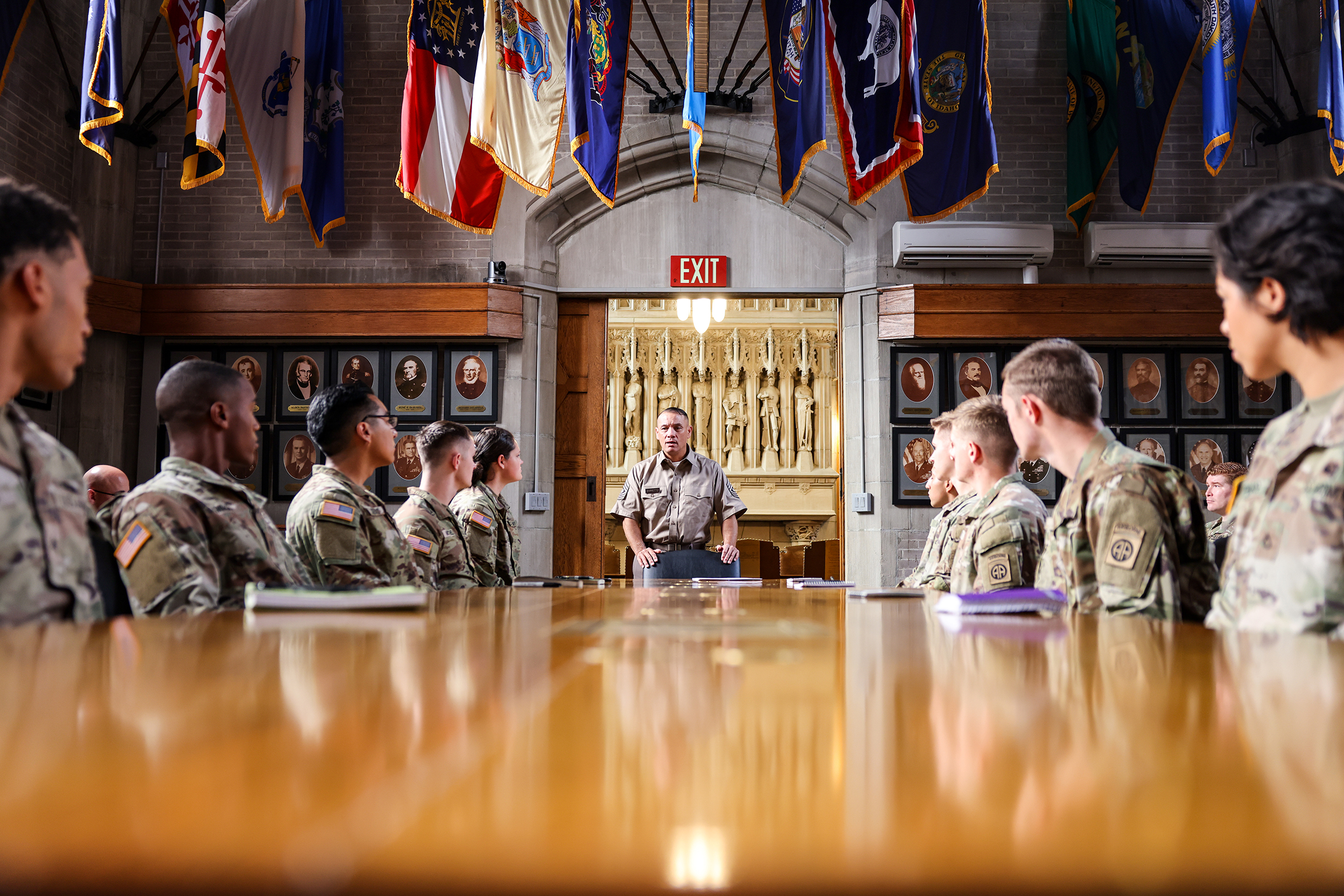 Command Sgt. Maj. Phil Barretto, the U.S. Military Academy (USMA) command sergeant major, spoke with Sgt. Onias Jones, Spc. Robynn Oblepias, Spc. Frederick Swingle, Spc. Kevin Mitchell, Pfc. Jessica Marsh, Pfc. Cameron Bell, Pfc. Oziel Carrillo, Pfc. Adan Cuevas, Pvt. Lugh Huff and Pvt. Jonathan Searle – 10 soldier candidates from the 82nd Airborne Division – to discuss the transition from enlisted to a USMA cadet Sept. 8 inside the Superintendent's Conference Room at West Point. Two soldiers received Lette