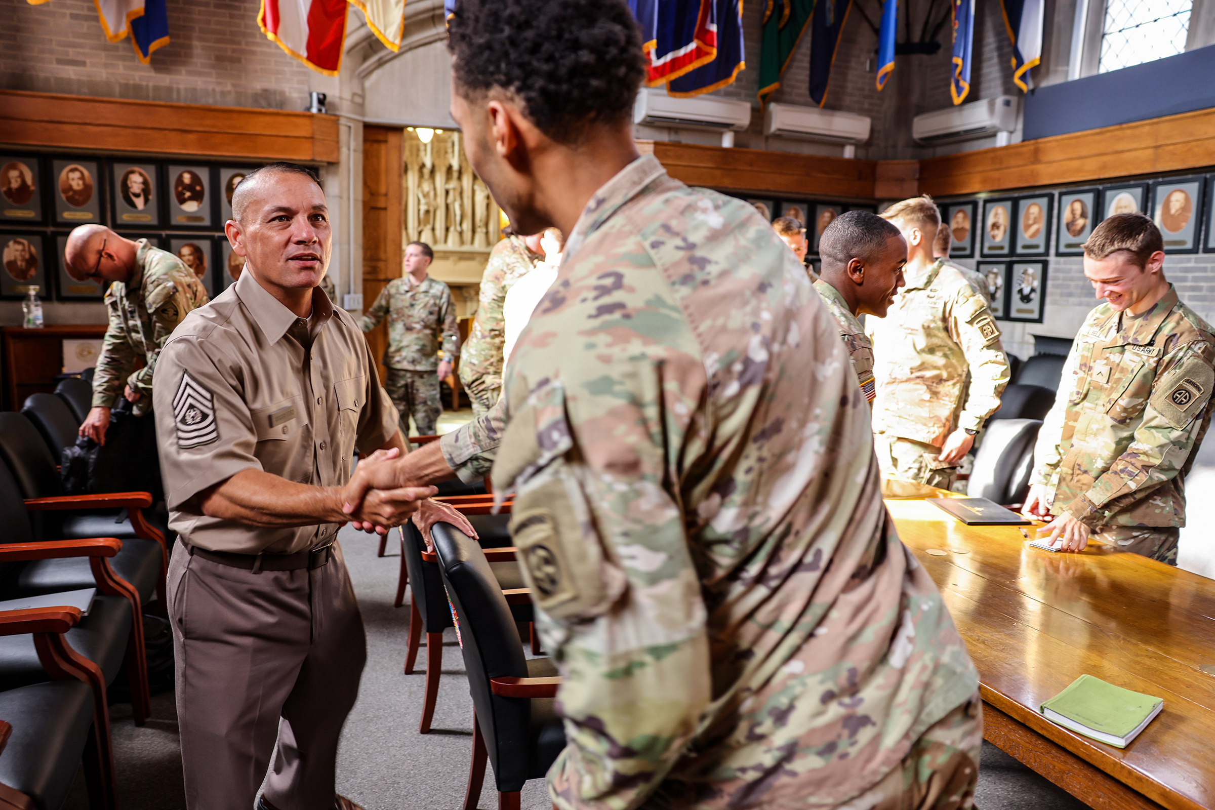 Command Sgt. Maj. Phil Barretto, the U.S. Military Academy (USMA) command sergeant major, spoke with Sgt. Onias Jones, Spc. Robynn Oblepias, Spc. Frederick Swingle, Spc. Kevin Mitchell, Pfc. Jessica Marsh, Pfc. Cameron Bell, Pfc. Oziel Carrillo, Pfc. Adan Cuevas, Pvt. Lugh Huff and Pvt. Jonathan Searle – 10 soldier candidates from the 82nd Airborne Division – to discuss the transition from enlisted to a USMA cadet Sept. 8 inside the Superintendent's Conference Room at West Point. Two soldiers received Lette
