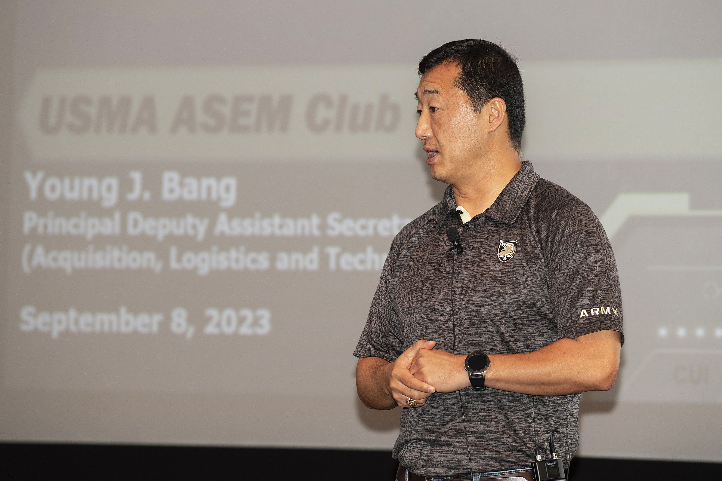 Young Bang, the Principal Deputy Assistant Secretary of the Army (Acquisitions, Logistics and Technology), spoke to the U.S. Military Academy American Society of Engineering Management (ASEM) student chapter about the future of Army modernization and the importance of an engineering management education during a lecture Sept. 8 at Arnold Auditorium.    (Photo courtesy of Department of Systems Engineering)