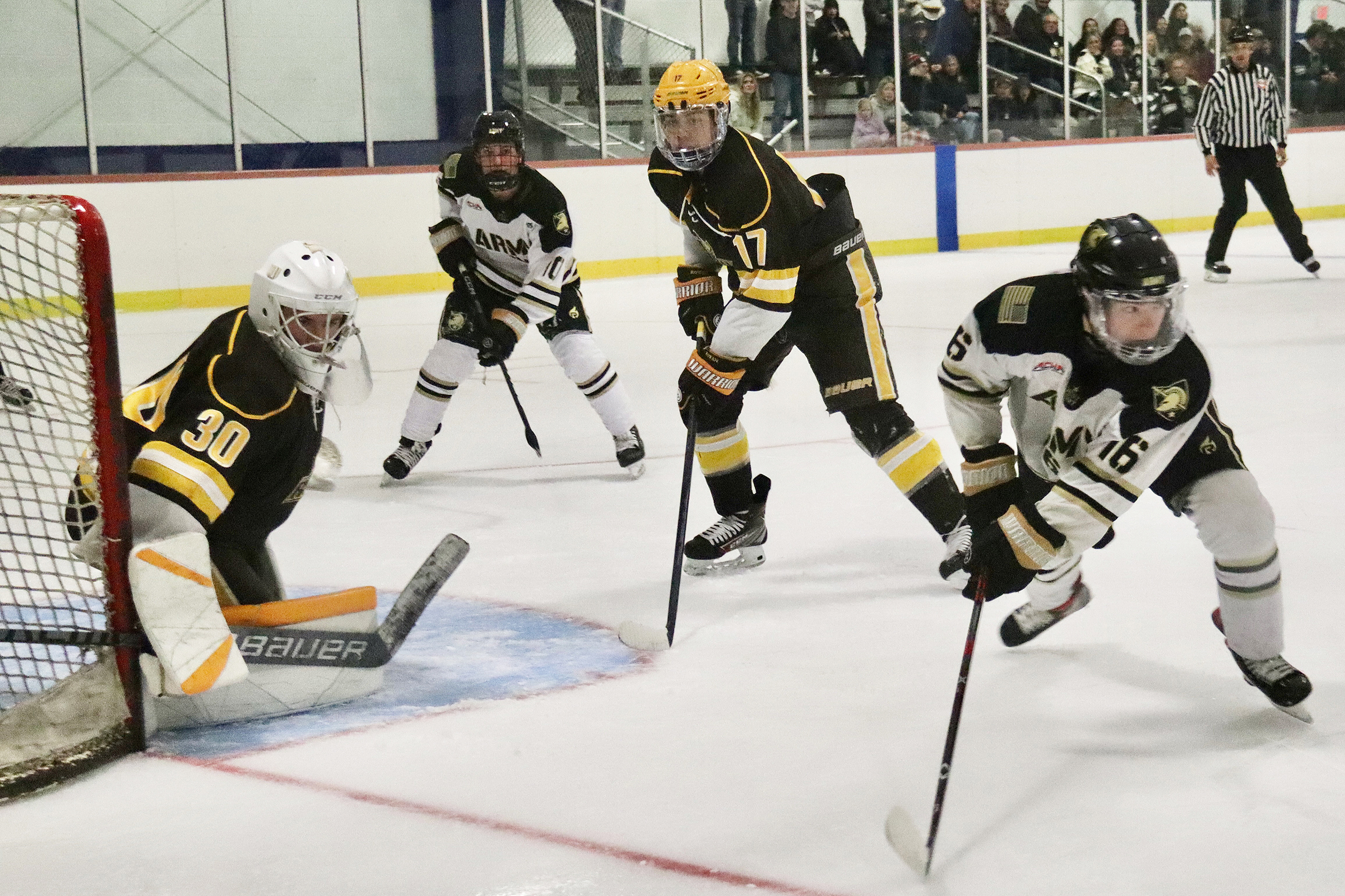 The Army West Point Club Hockey team split a two-game nonconference series against Rowan University over the weekend. The Black Knights prevailed 10-4 on Sept. 22 before losing 4-3 in a shootout on Sept. 23 at the Ice Time Sports Complex in Newburgh, New York.    (Courtesy Photo)