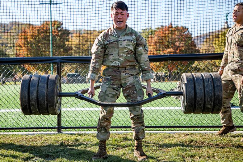 Thirty-nine cadet teams, including all 36 cadet companies, two brigade teams and a U.S. Military Academy Preparatory School team, competed in the nine-event 2020 Fall Sandhurst Competition Friday and Saturday at West Point. The teams were fighting to earn one of the 12 U.S. Corps of Cadets team spots to represent USMA during the 2021 Spring Sandhurst International Military Skills Competition at West Point. (Above) Members of Company D-2 lift a log in sync during the Team Challenge Event, which assessed the 