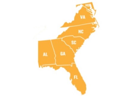 Southeast Region containing the following states: Virginia, North Carolina, South Carolina, Georgia, Alabama, and Florida.