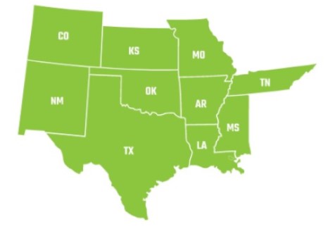 Southwest Region containing the following states: Colorado, New Mexico, Kansas, Oklahoma, Texas, Missouri, Arkansas, Louisiana, Tennessee, and Mississippi.