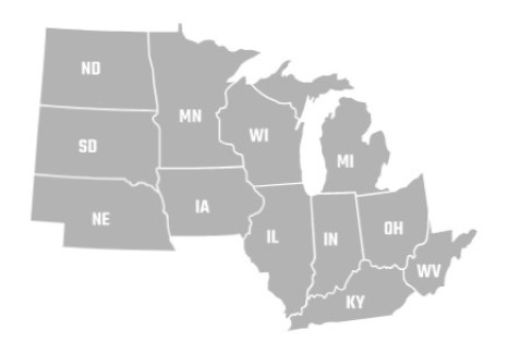 Great Lakes Region containing the following states: North Dakota, South Dakota, Nebraska, Minnesota, Iowa, Wisconsin, Illinois, Michigan, Indiana, Ohio, Kentucky, and West Virginia.