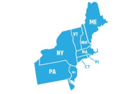 Northeast Region containing the following states: Maine, New Hampshire, Vermont, Massachusetts, Rhode Island, Connecticut, New York, New Jersey, and Pennsylvania.